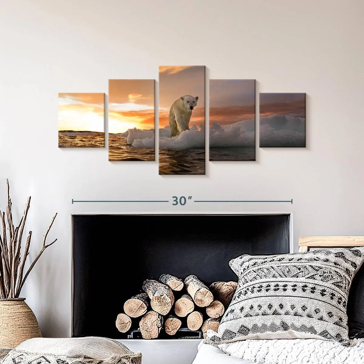 ElephantStock - Polar Bear Iceberg Walk Wall Art - Horizontal Multi Panel Canvas - 5 Piece Living Room Wall Decor - Photography Animal Multi Piece Wall Art - Orange And Purple Decor - 36" x 15"