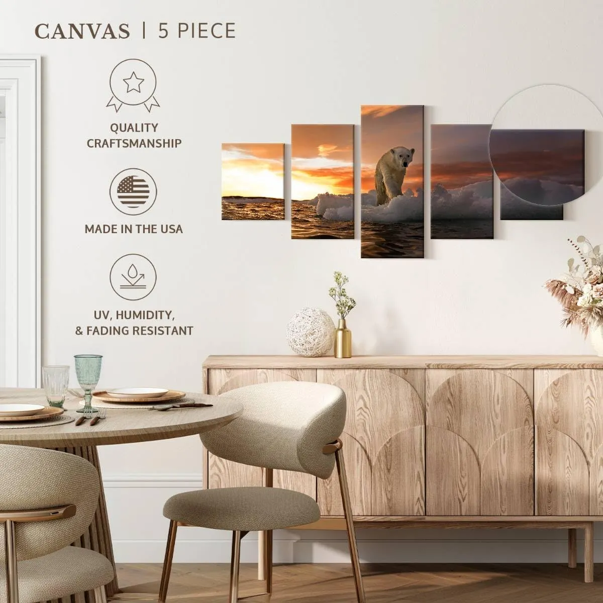 ElephantStock - Polar Bear Iceberg Walk Wall Art - Horizontal Multi Panel Canvas - 5 Piece Living Room Wall Decor - Photography Animal Multi Piece Wall Art - Orange And Purple Decor - 36" x 15"