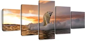 ElephantStock - Polar Bear Iceberg Walk Wall Art - Horizontal Multi Panel Canvas - 5 Piece Living Room Wall Decor - Photography Animal Multi Piece Wall Art - Orange And Purple Decor - 36" x 15"