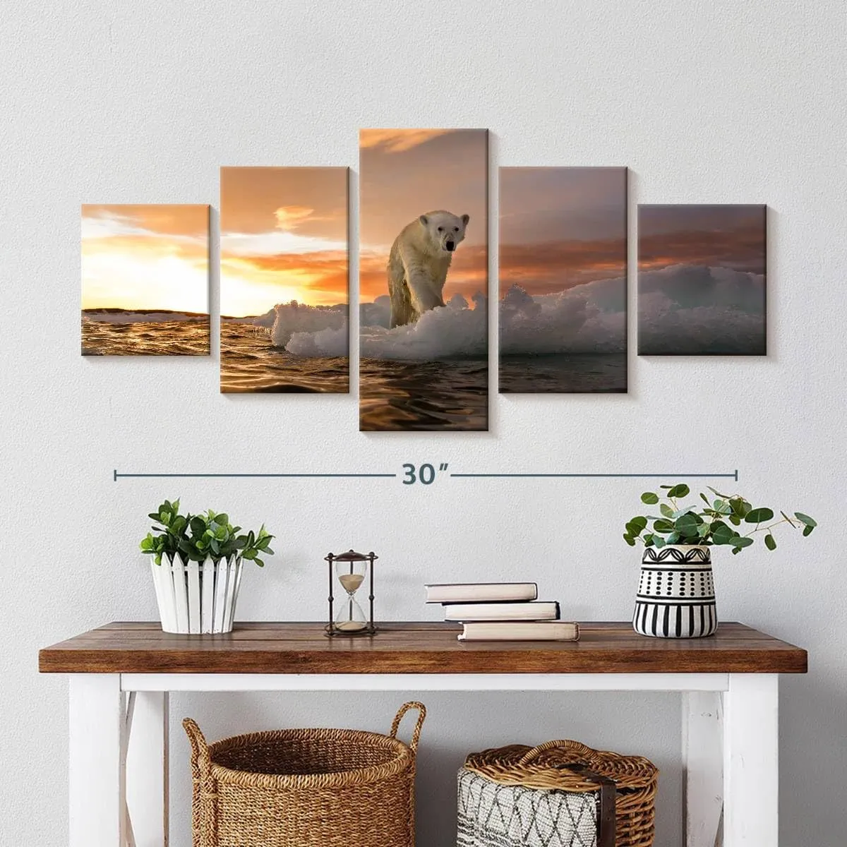 ElephantStock - Polar Bear Iceberg Walk Wall Art - Horizontal Multi Panel Canvas - 5 Piece Living Room Wall Decor - Photography Animal Multi Piece Wall Art - Orange And Purple Decor - 36" x 15"