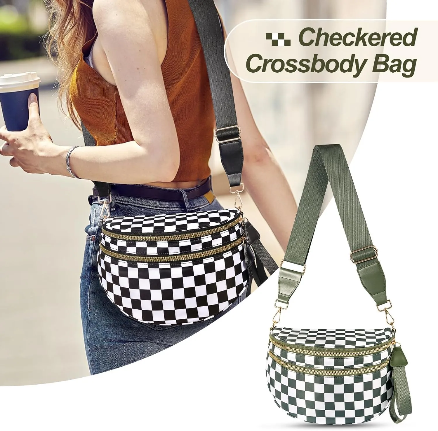 Emmafy Gofree Roomiest Crossbody Bag with Coin Purse, Checkered/Solid Adjust Waterproof Bum Bag for Women