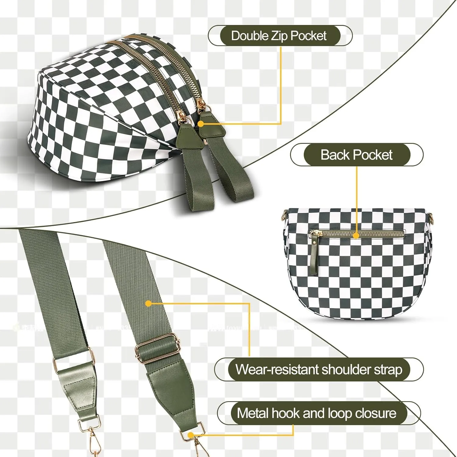 Emmafy Gofree Roomiest Crossbody Bag with Coin Purse, Checkered/Solid Adjust Waterproof Bum Bag for Women