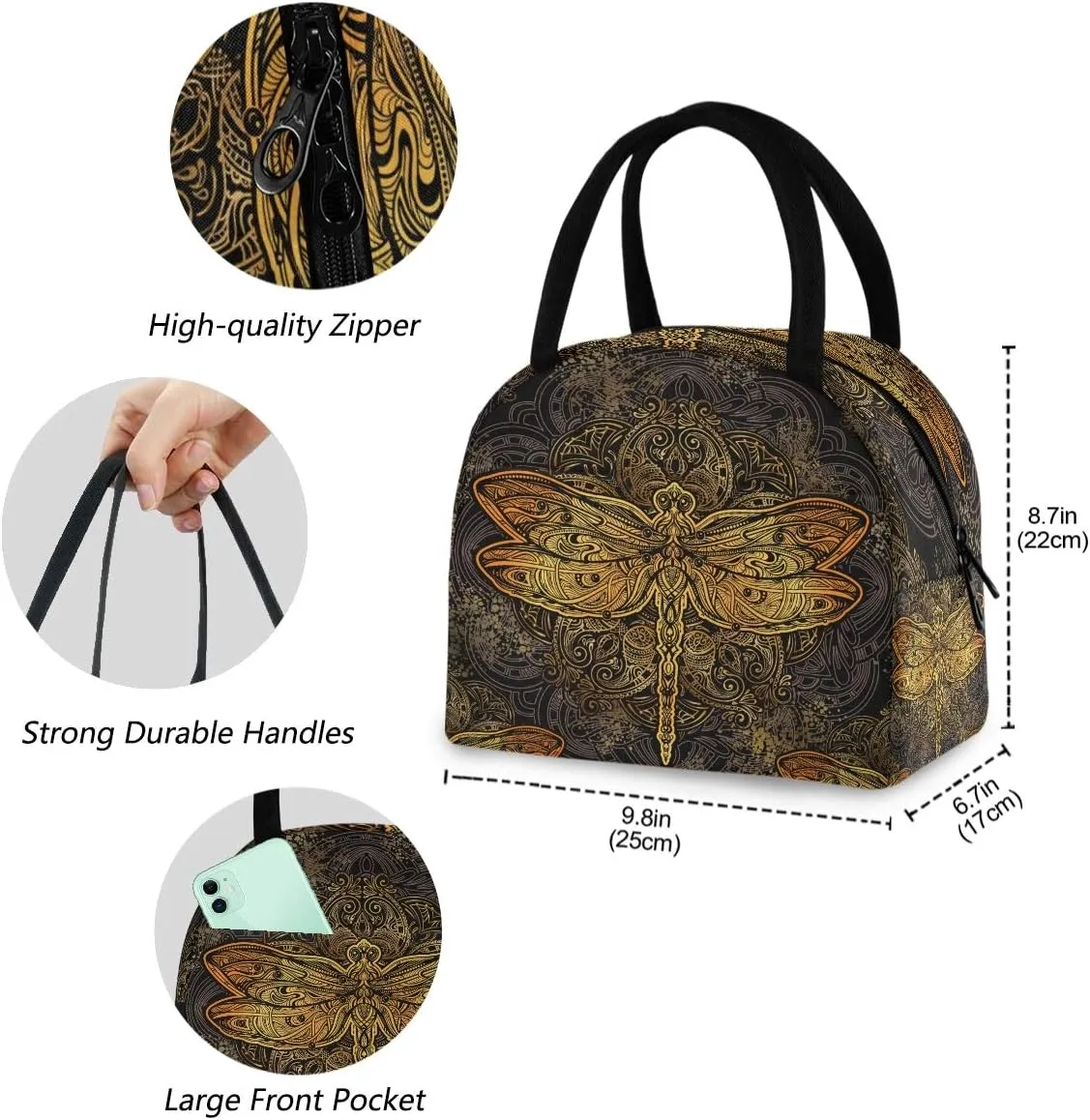 England London Landmark Symbols Lettering Pattern Reusable Lunch Tote Bag with Front Pocket Zipper Closure Insulated Thermal Cooler Container Bag for Work Picnic Travel Beach Fishing