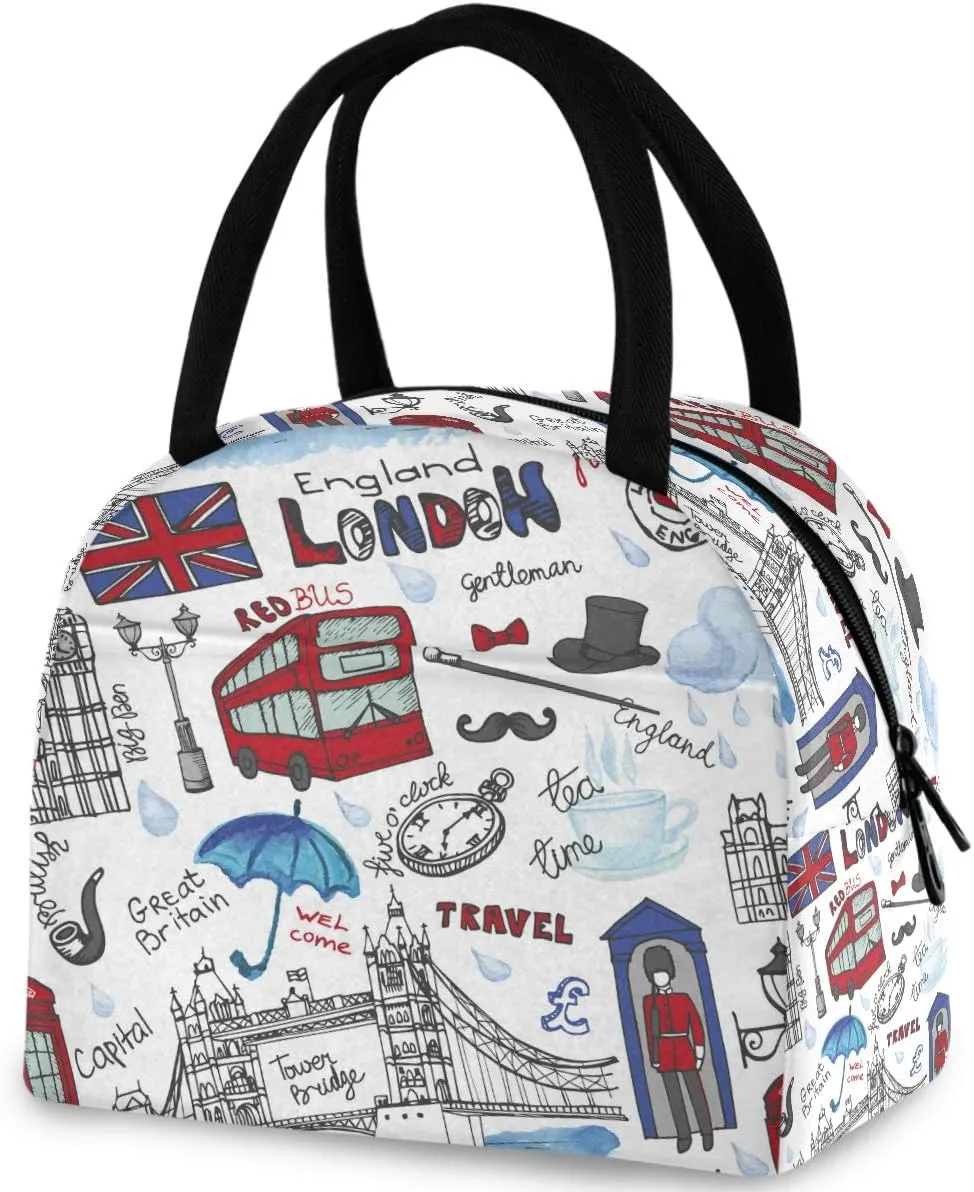 England London Landmark Symbols Lettering Pattern Reusable Lunch Tote Bag with Front Pocket Zipper Closure Insulated Thermal Cooler Container Bag for Work Picnic Travel Beach Fishing