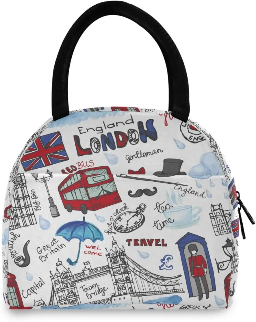 England London Landmark Symbols Lettering Pattern Reusable Lunch Tote Bag with Front Pocket Zipper Closure Insulated Thermal Cooler Container Bag for Work Picnic Travel Beach Fishing