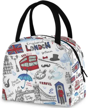 England London Landmark Symbols Lettering Pattern Reusable Lunch Tote Bag with Front Pocket Zipper Closure Insulated Thermal Cooler Container Bag for Work Picnic Travel Beach Fishing