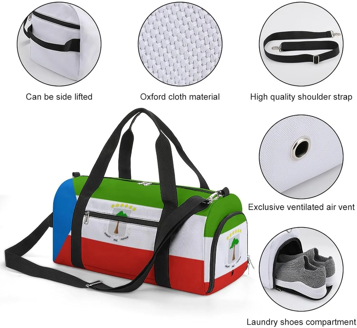 Equatorial Guinea Flag Gym Duffel for Boys Girls with Shoe Compartment Travel Weekender