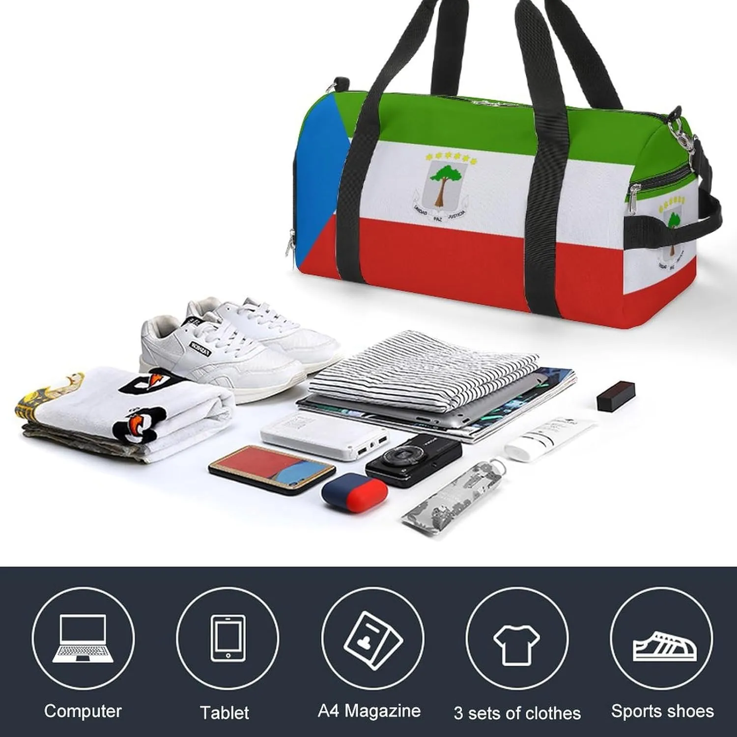 Equatorial Guinea Flag Gym Duffel for Boys Girls with Shoe Compartment Travel Weekender