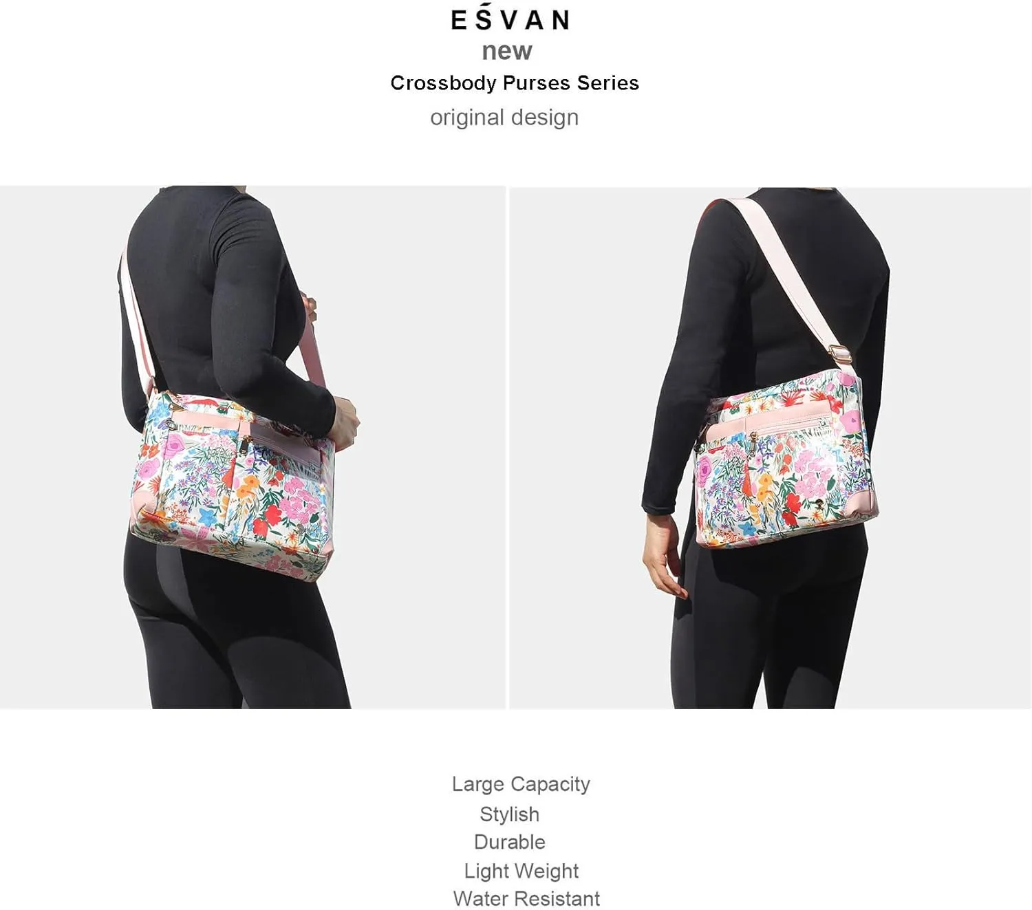 ESVAN Nylon Crossbody Bag For Women Waterproof Lightweight Casual Multi Pockets Shoulder Handbag Purse