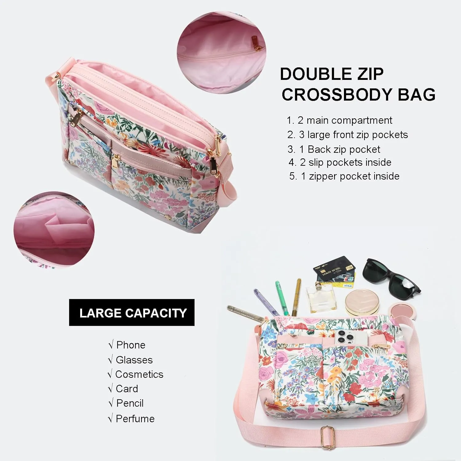 ESVAN Nylon Crossbody Bag For Women Waterproof Lightweight Casual Multi Pockets Shoulder Handbag Purse