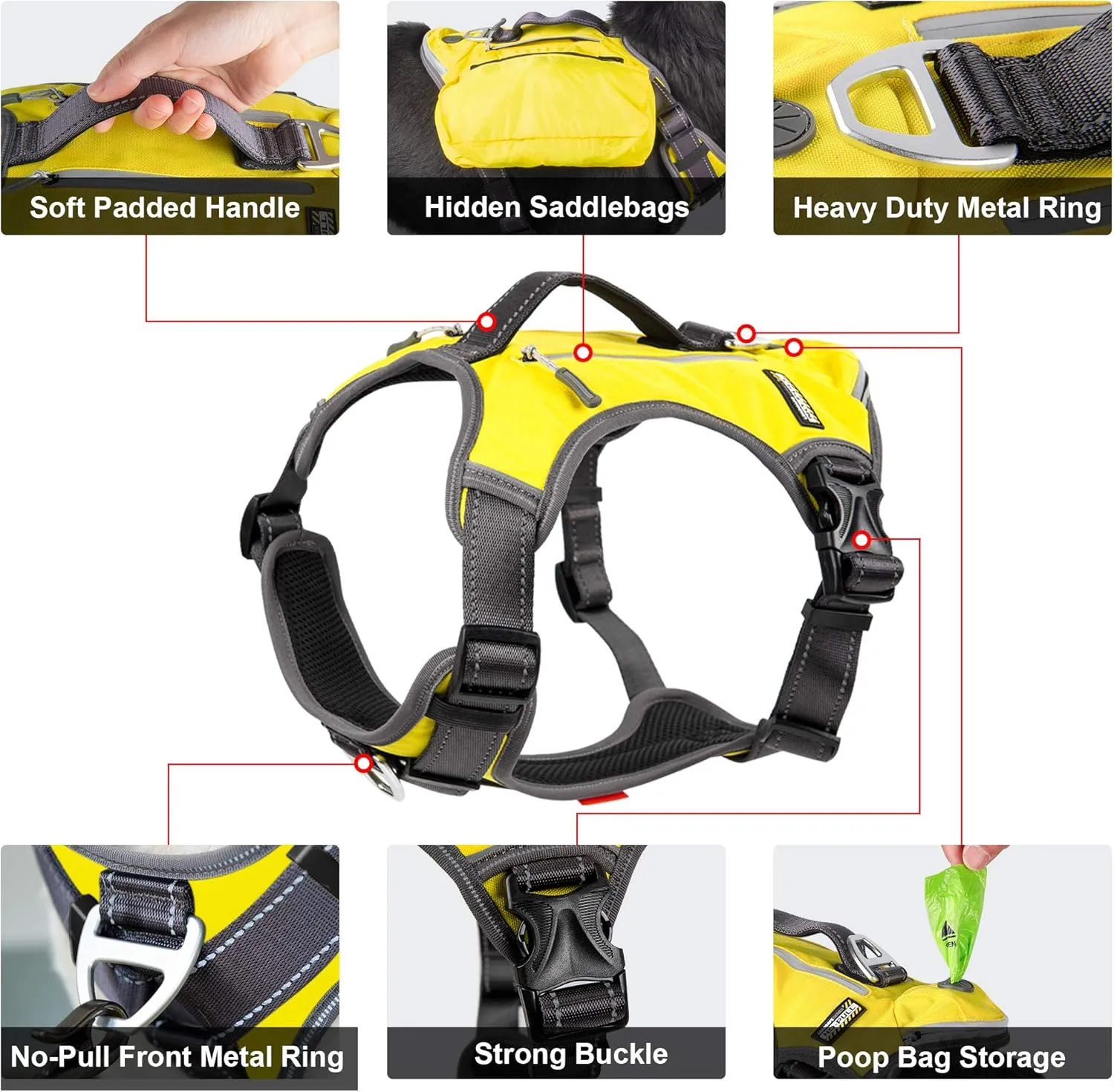 Fida Dog Harness, Multi-Functional No-Pull Pet Vest Harness with Saddle Bags Backpack, Front Leash Clip, Adjustable Soft Padded Reflective No-Choke Dog Vest Heavy Duty for Medium Dog, M, Yellow