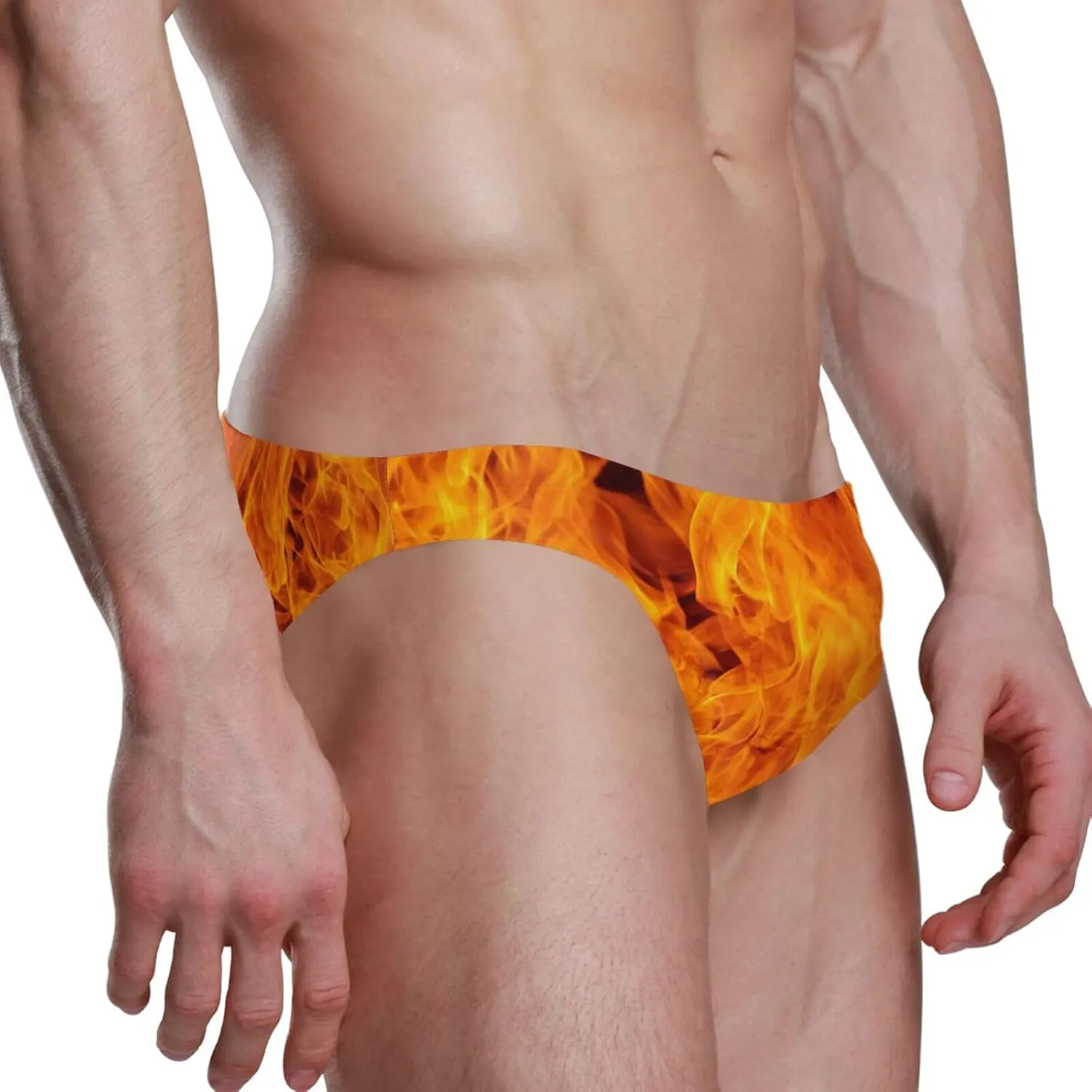 Fire Flame Mens Vintage Swim Briefs Sexy Bikini Swimwear Quick Dry Retro Swimsuit with Drawstring