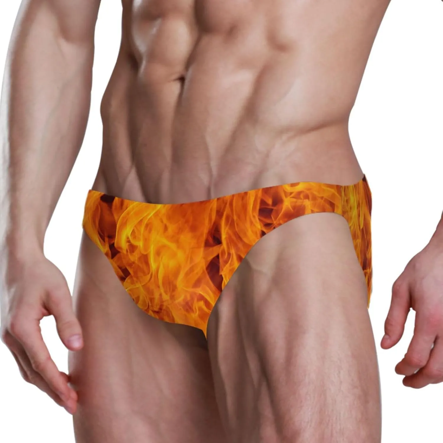 Fire Flame Mens Vintage Swim Briefs Sexy Bikini Swimwear Quick Dry Retro Swimsuit with Drawstring