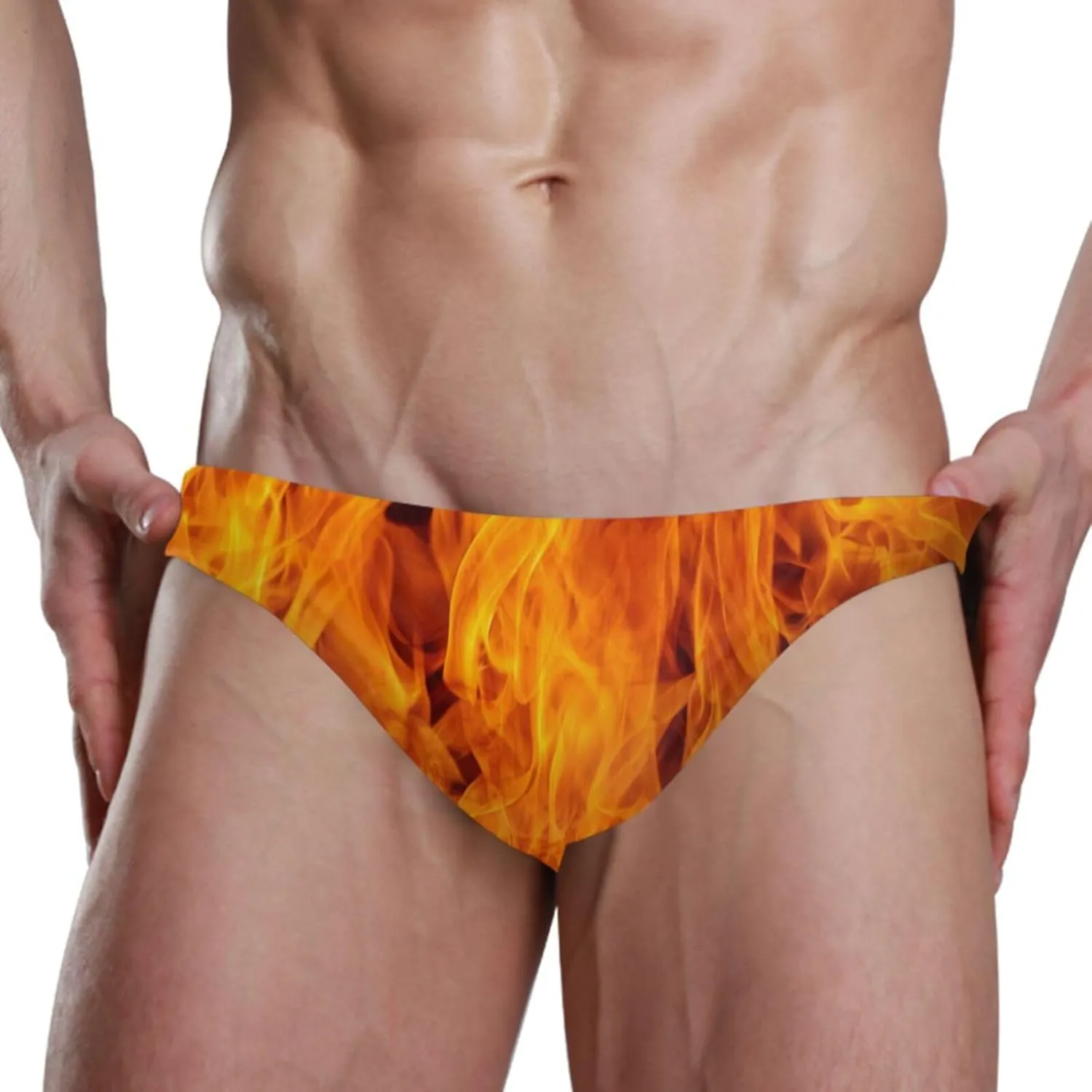 Fire Flame Mens Vintage Swim Briefs Sexy Bikini Swimwear Quick Dry Retro Swimsuit with Drawstring