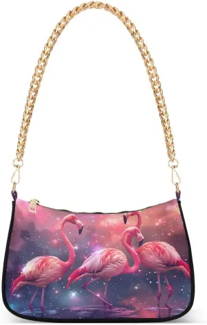 Flamingo Starry Galaxy Nebula Tote Bag Hobo Handbag for Women Ladies Shoulder Bag Mini Clutch Purse with Zipper Closure