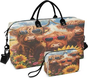 Flower Travel Duffle Gym Bag, Highland Cows Sunflowers Weekender for Women with Toiletry Bag Travel