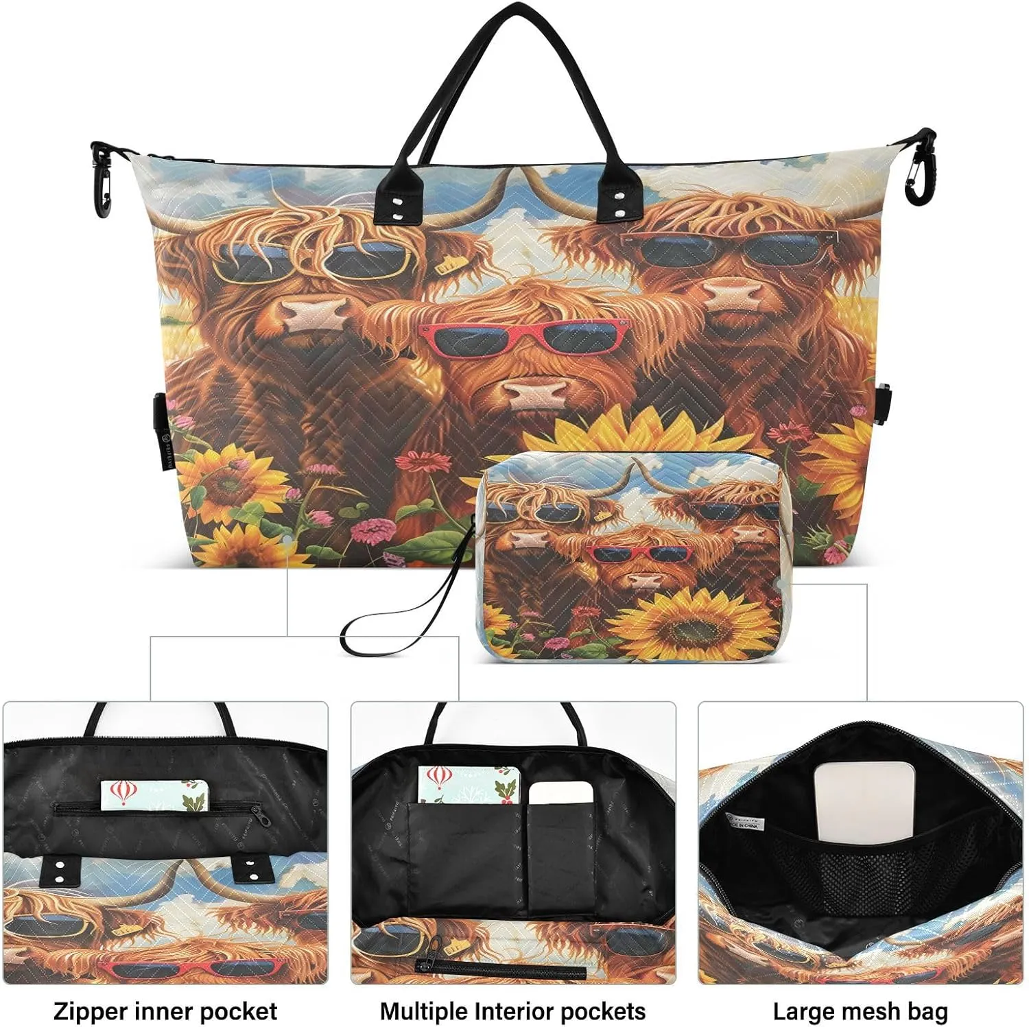 Flower Travel Duffle Gym Bag, Highland Cows Sunflowers Weekender for Women with Toiletry Bag Travel