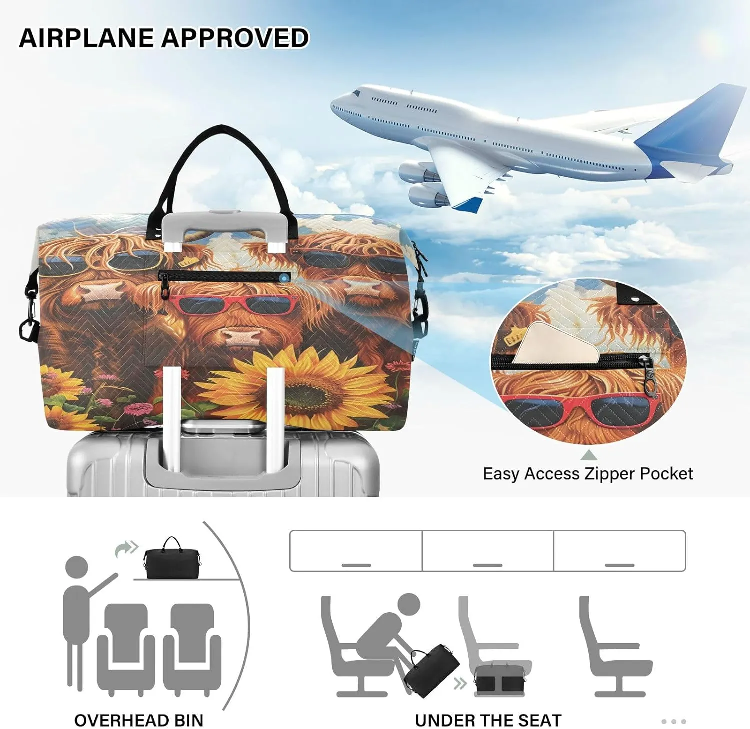 Flower Travel Duffle Gym Bag, Highland Cows Sunflowers Weekender for Women with Toiletry Bag Travel