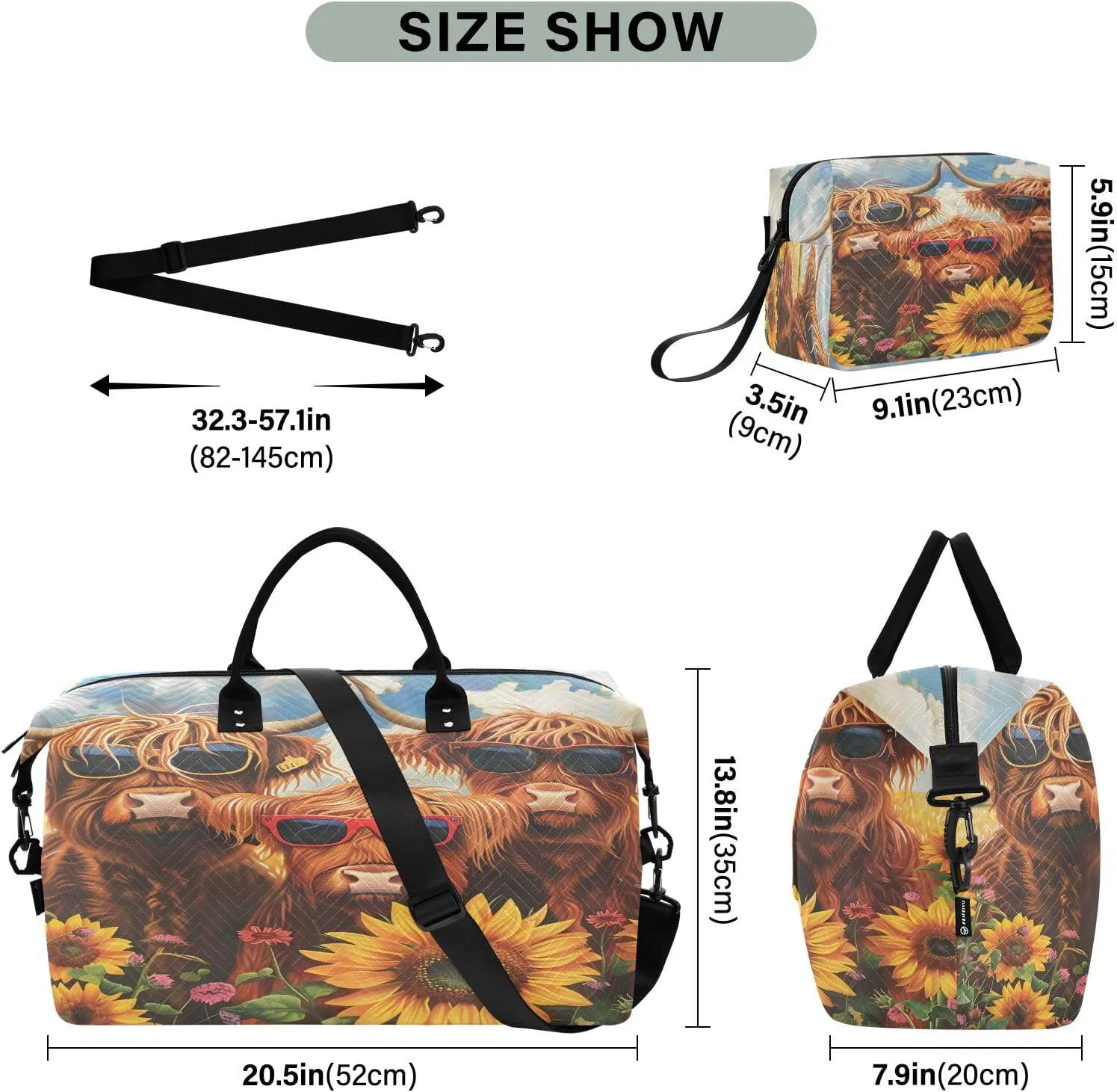 Flower Travel Duffle Gym Bag, Highland Cows Sunflowers Weekender for Women with Toiletry Bag Travel