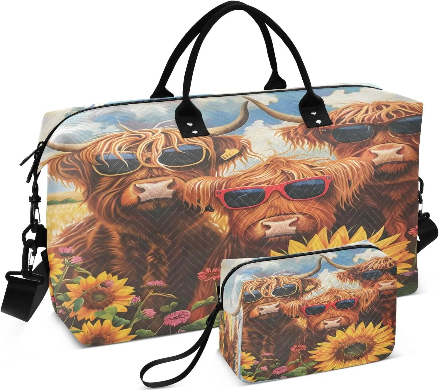 Flower Travel Duffle Gym Bag, Highland Cows Sunflowers Weekender for Women with Toiletry Bag Travel