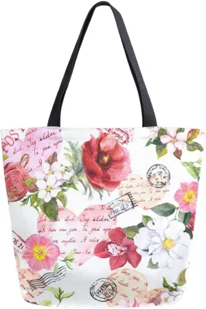 Flowers Postal Stamps Canvas Tote Bag Valentines Day Hearts Letters Women Shoulder Bag Reusable Grocery Bags Large Handbag Travel Shopping Bag for School Nursing Gift Outdoors