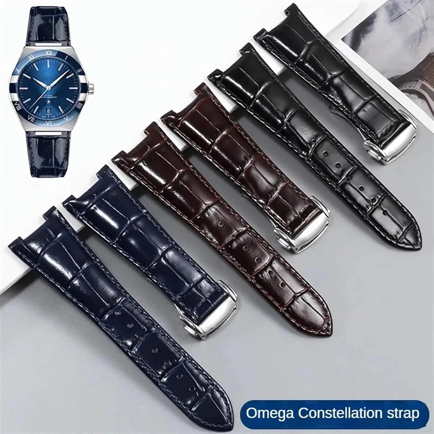 Folding Buckle Leather Watch Strap Substitute Omega Constellation Series Men Concave Interface Leather Watchband With 25mm
