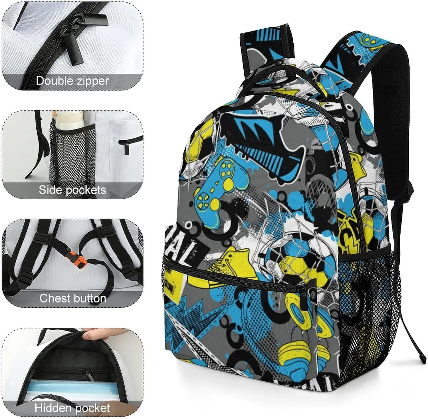 Football Skateboards Player Backpack Gaming Sport Large Casual Daypack with Chest Strap,Lightweight Computer Bags for Women Men Hiking Travel Work and Business 16 Inch