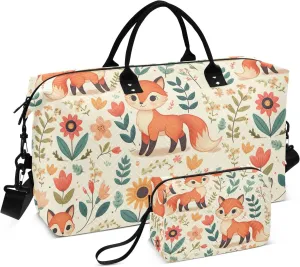 Fox Travel Duffle Bag Gym Bag, Fox Floral Elements Weekender Bags for Women with Toiletry Bag Travel Tote Bag Swim Bag