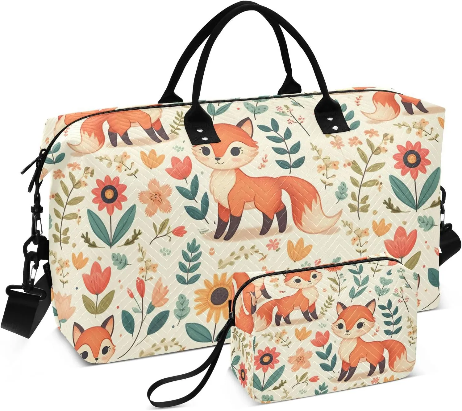 Fox Travel Duffle Bag Gym Bag, Fox Floral Elements Weekender Bags for Women with Toiletry Bag Travel Tote Bag Swim Bag