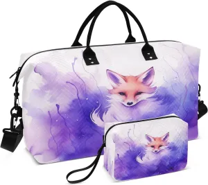 Fox Travel Duffle Bag Gym Bag, Purple Mysterious Fox Weekender Bags for Women with Toiletry Bag Travel Tote Bag Swim Bag