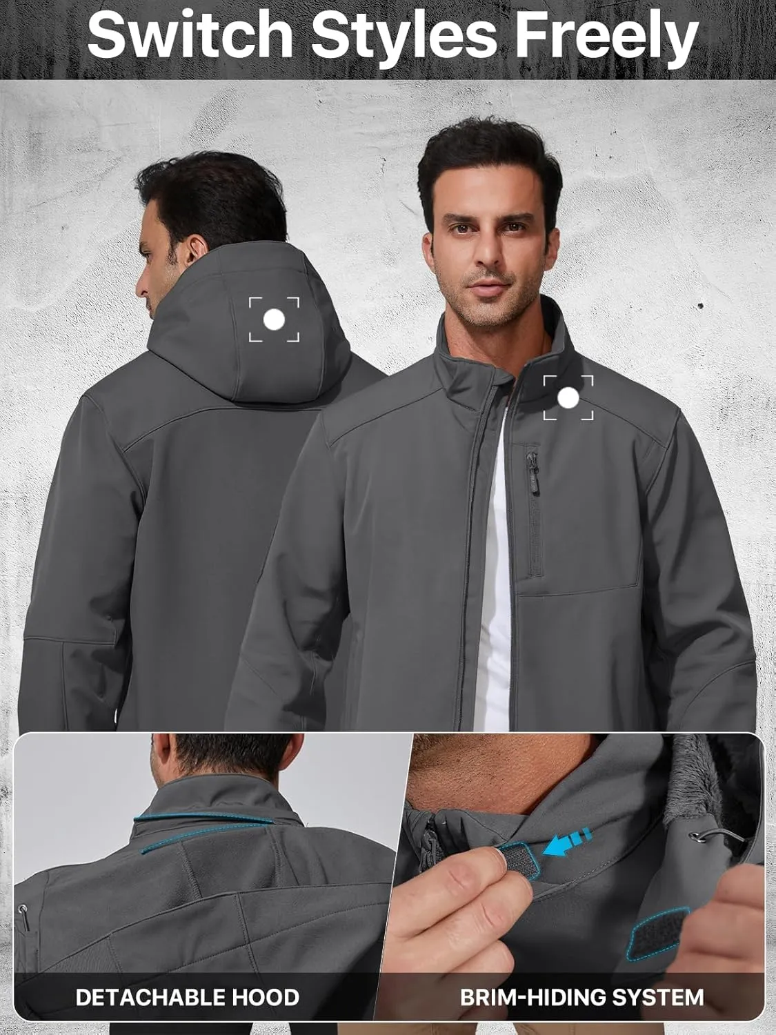FREE SOLDIER Men's Lightweight Softshell Jacket Winter Fleece Lined Hooded Rain Waterproof Hiking Outdoor Jackets
