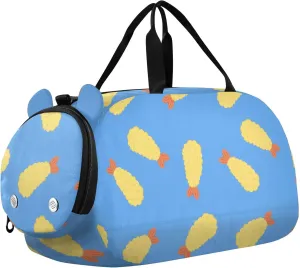 Fried Shrimp Blue Sports Duffle Bag for Girls Boys, Gym Bag with Shoe Compartment, Kids Travel Overnight Weekender Shoulder Bag