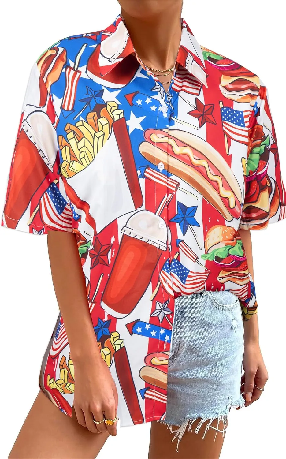 FRYAID American Flag Shirt Women 4th of July Shirts Hawaii Floral Patriotic Stars Stripes Tee USA Short Sleeve Button Up Top