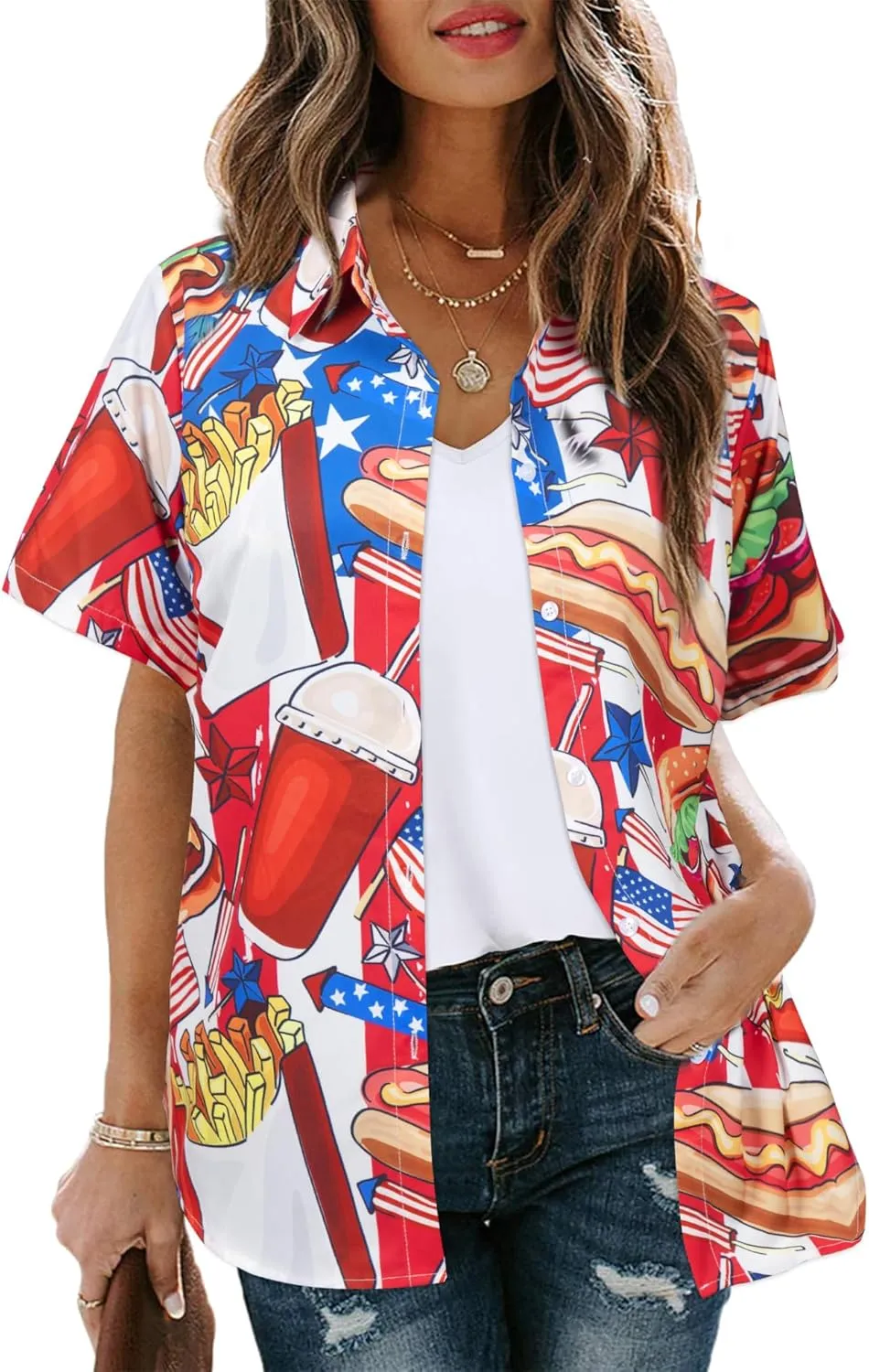FRYAID American Flag Shirt Women 4th of July Shirts Hawaii Floral Patriotic Stars Stripes Tee USA Short Sleeve Button Up Top