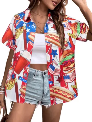 FRYAID American Flag Shirt Women 4th of July Shirts Hawaii Floral Patriotic Stars Stripes Tee USA Short Sleeve Button Up Top