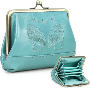 Full Grain Leather Kiss Lock Coin Purse Coin Pouch Vintage Kiss Clasp Card Holder Small Change Purse, Turquoise Blue, Vintage Kiss Lock