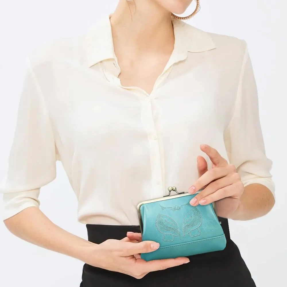 Full Grain Leather Kiss Lock Coin Purse Coin Pouch Vintage Kiss Clasp Card Holder Small Change Purse, Turquoise Blue, Vintage Kiss Lock