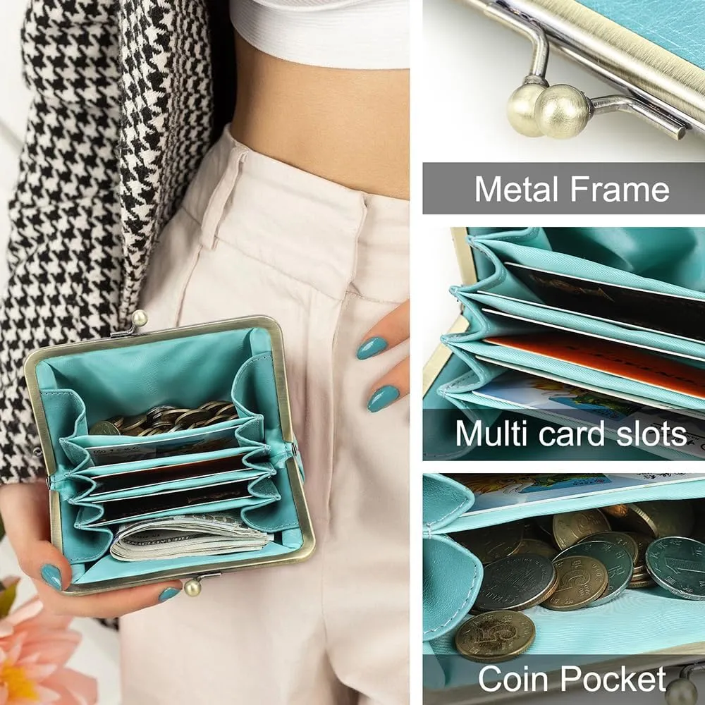 Full Grain Leather Kiss Lock Coin Purse Coin Pouch Vintage Kiss Clasp Card Holder Small Change Purse, Turquoise Blue, Vintage Kiss Lock