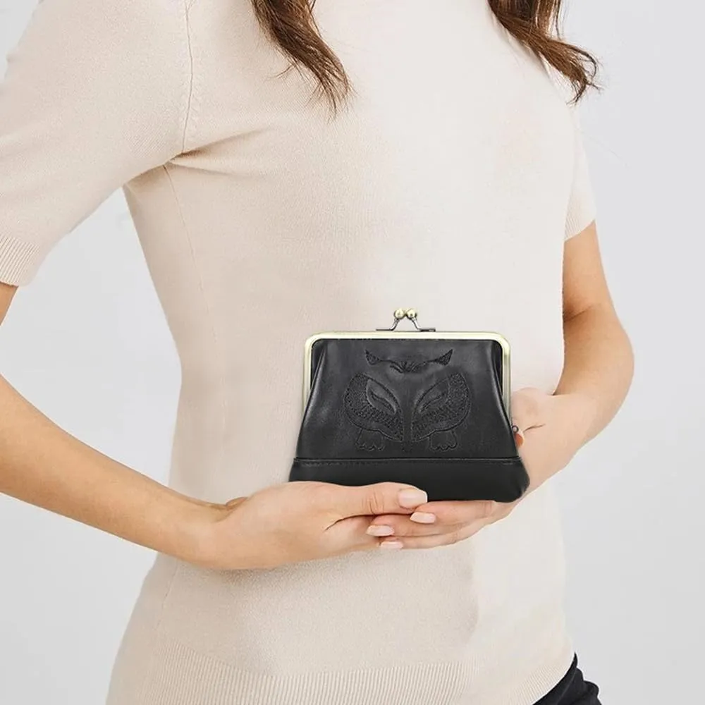 Full Grain Leather Kiss Lock Coin Purse for Women Fox Embroidery Coin Pouch Vintage Kiss Clasp Card Holder Small Change Purse (Black)
