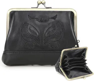 Full Grain Leather Kiss Lock Coin Purse for Women Fox Embroidery Coin Pouch Vintage Kiss Clasp Card Holder Small Change Purse (Black)