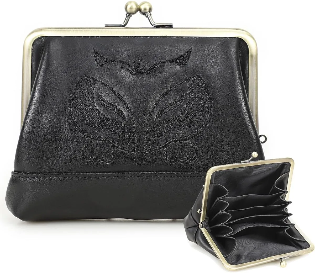 Full Grain Leather Kiss Lock Coin Purse for Women Fox Embroidery Coin Pouch Vintage Kiss Clasp Card Holder Small Change Purse (Black)