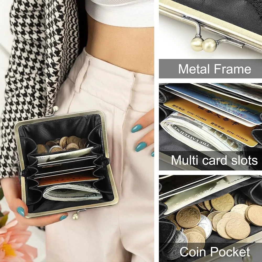 Full Grain Leather Kiss Lock Coin Purse for Women Fox Embroidery Coin Pouch Vintage Kiss Clasp Card Holder Small Change Purse (Black)
