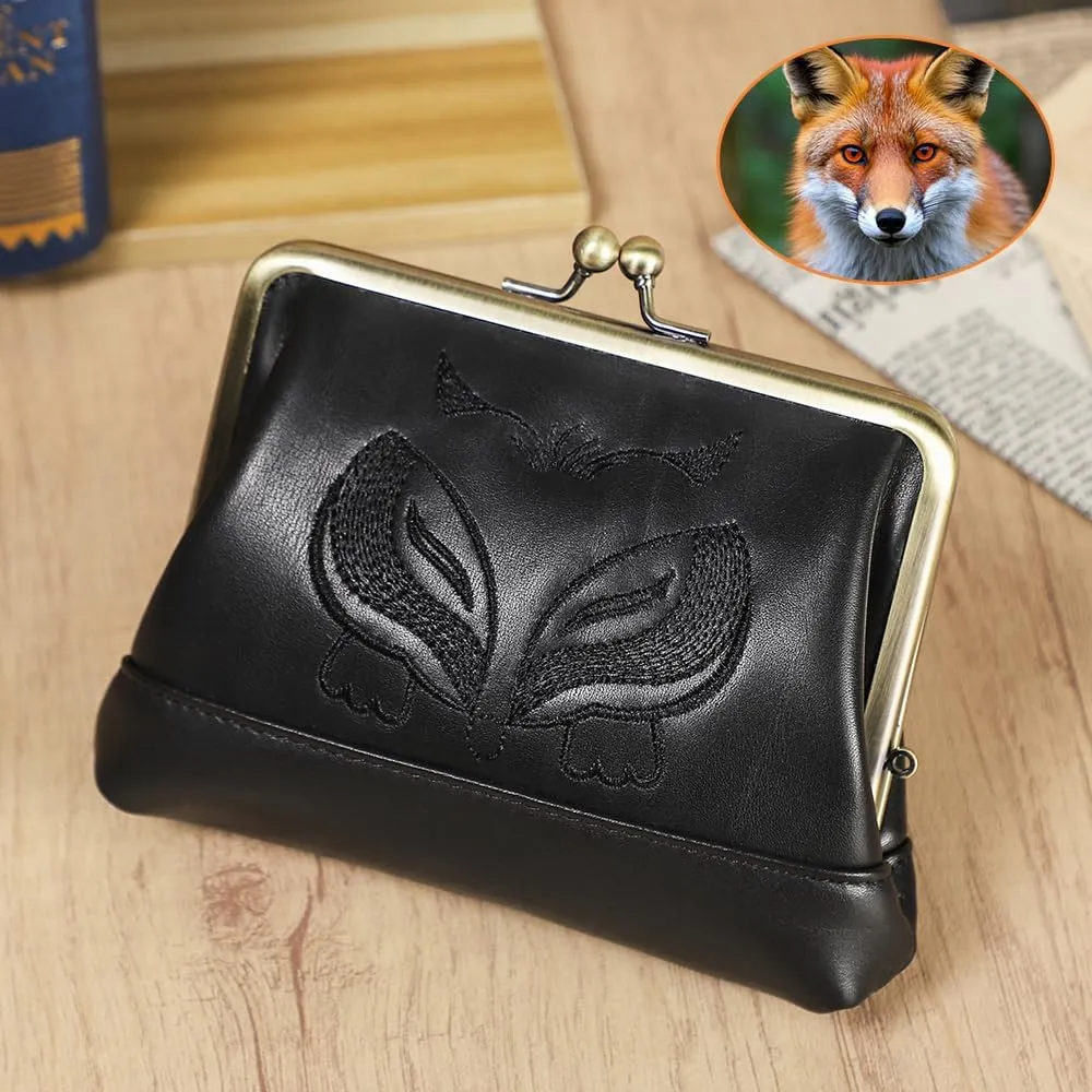 Full Grain Leather Kiss Lock Coin Purse for Women Fox Embroidery Coin Pouch Vintage Kiss Clasp Card Holder Small Change Purse (Black)