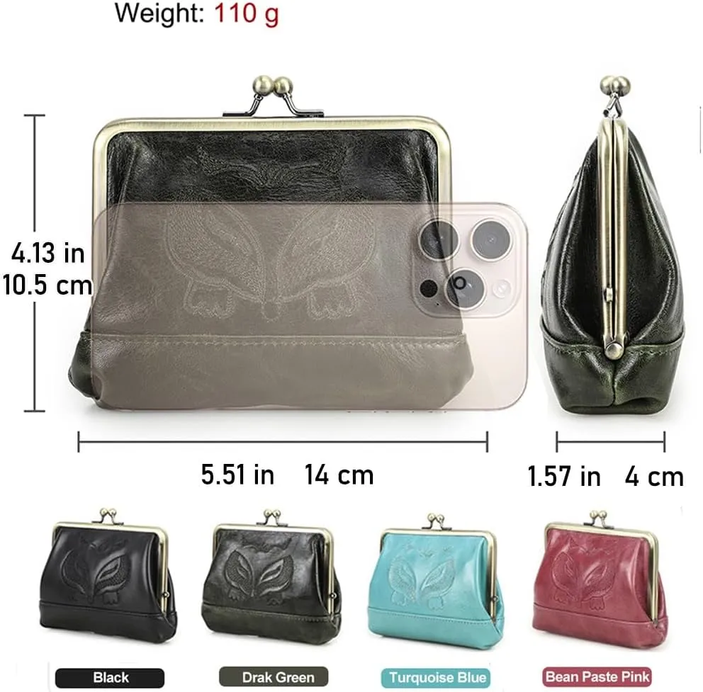 Full Grain Leather Kiss Lock Coin Purse for Women Fox Embroidery Coin Pouch Vintage Kiss Clasp Card Holder Small Change Purse (Dark Green)