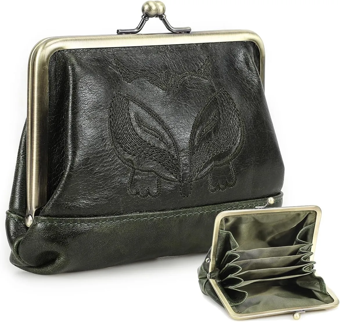 Full Grain Leather Kiss Lock Coin Purse for Women Fox Embroidery Coin Pouch Vintage Kiss Clasp Card Holder Small Change Purse (Dark Green)