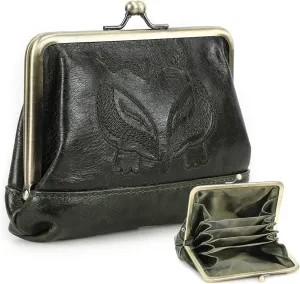 Full Grain Leather Kiss Lock Coin Purse for Women Fox Embroidery Coin Pouch Vintage Kiss Clasp Card Holder Small Change Purse (Dark Green)