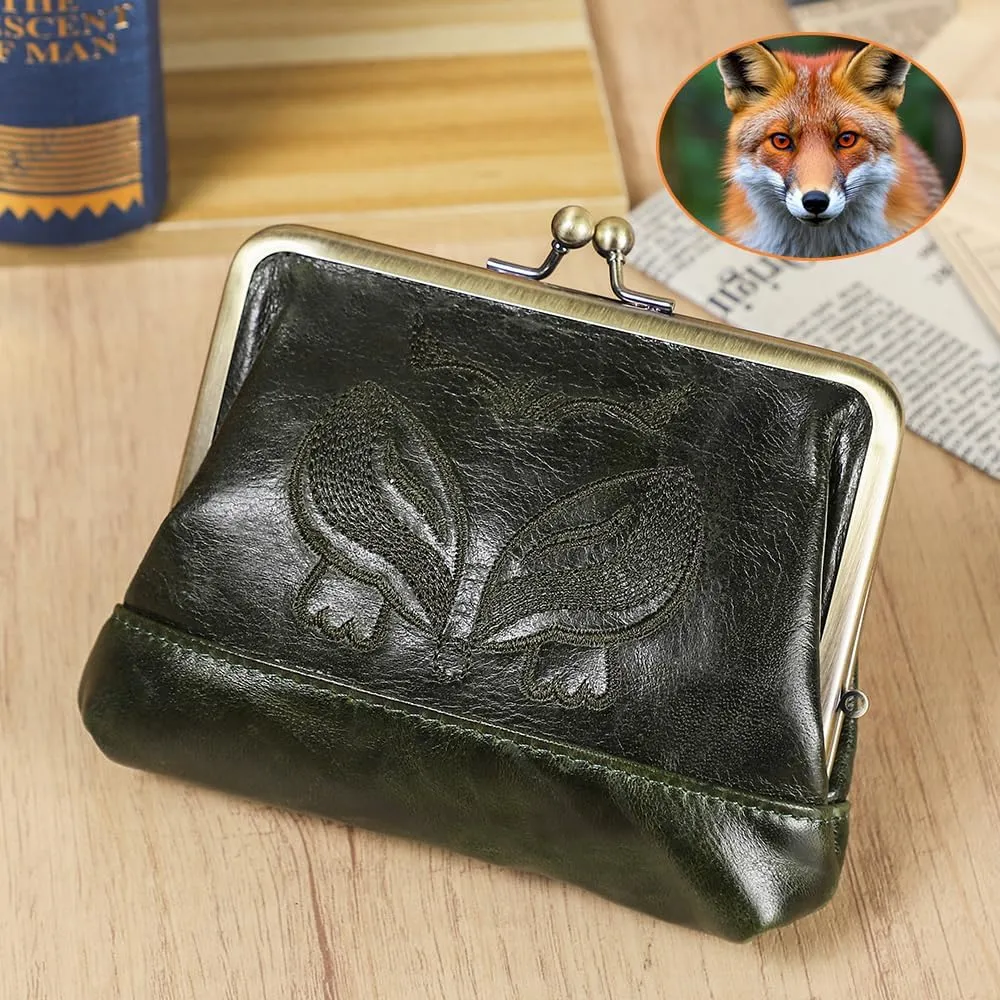 Full Grain Leather Kiss Lock Coin Purse for Women Fox Embroidery Coin Pouch Vintage Kiss Clasp Card Holder Small Change Purse (Dark Green)
