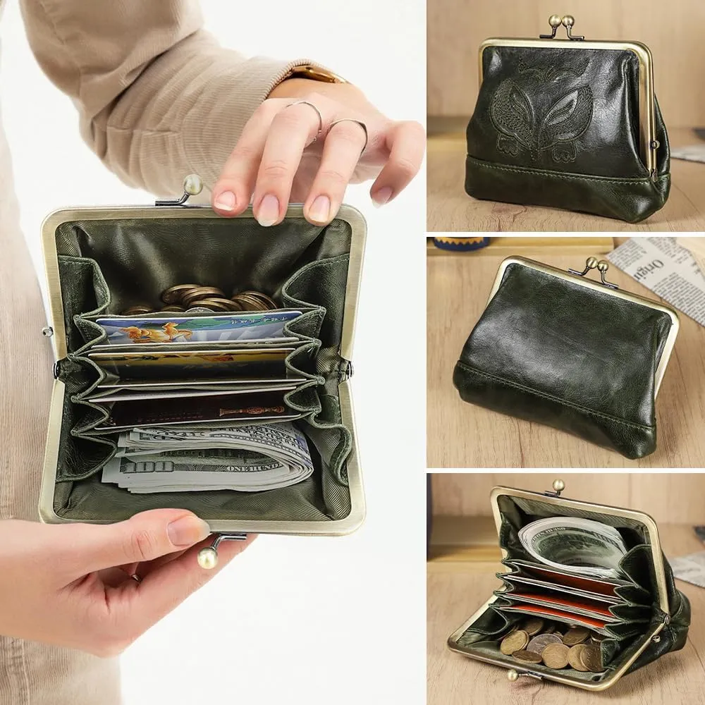 Full Grain Leather Kiss Lock Coin Purse for Women Fox Embroidery Coin Pouch Vintage Kiss Clasp Card Holder Small Change Purse (Dark Green)
