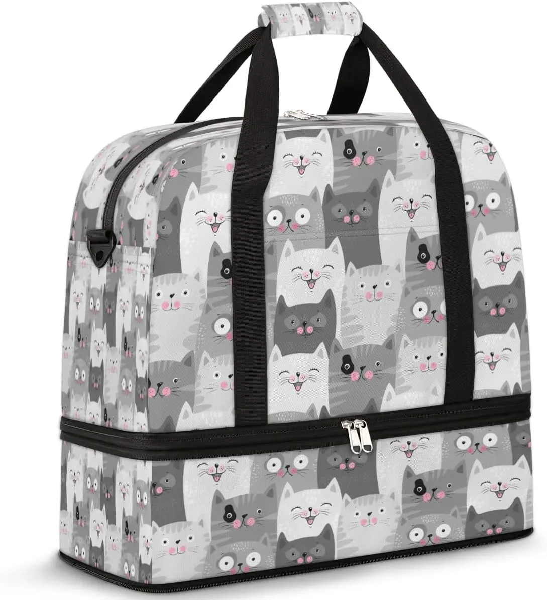 Funny Cats Sports Gym Bag with Shoes Compartment Foldable Travel Duffel Bag Dry Wet Separated Sports Tote Workout Weekender Overnight Bag for Women Yoga Dance Work Training Handbag