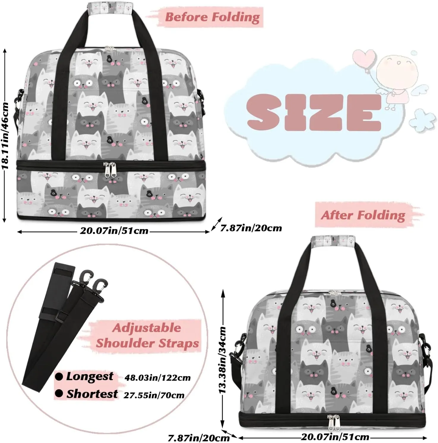 Funny Cats Sports Gym Bag with Shoes Compartment Foldable Travel Duffel Bag Dry Wet Separated Sports Tote Workout Weekender Overnight Bag for Women Yoga Dance Work Training Handbag